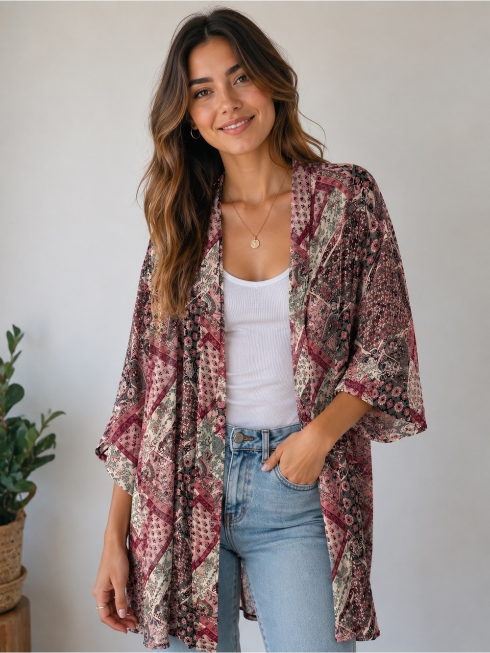 Wallflower Pink and Cream Paisley Kimono Top